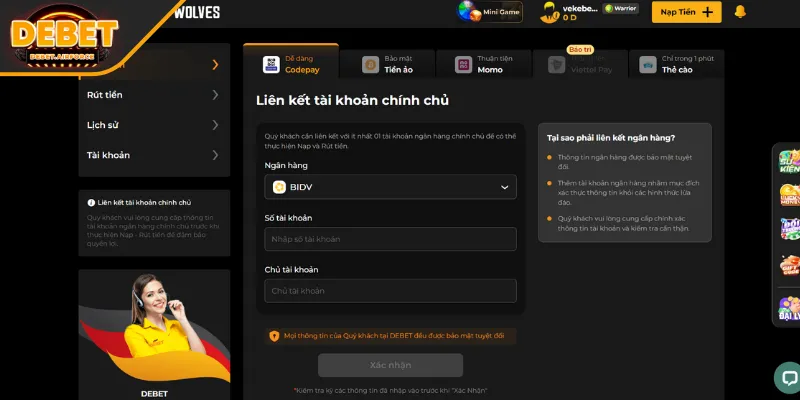 Lưu ý bạn nên nắm để nạp tiền DEBET an toàn