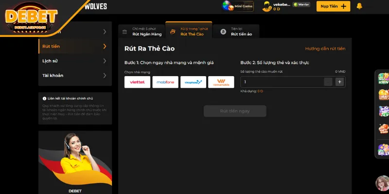 Rút tiền DEBET qua thẻ cào
